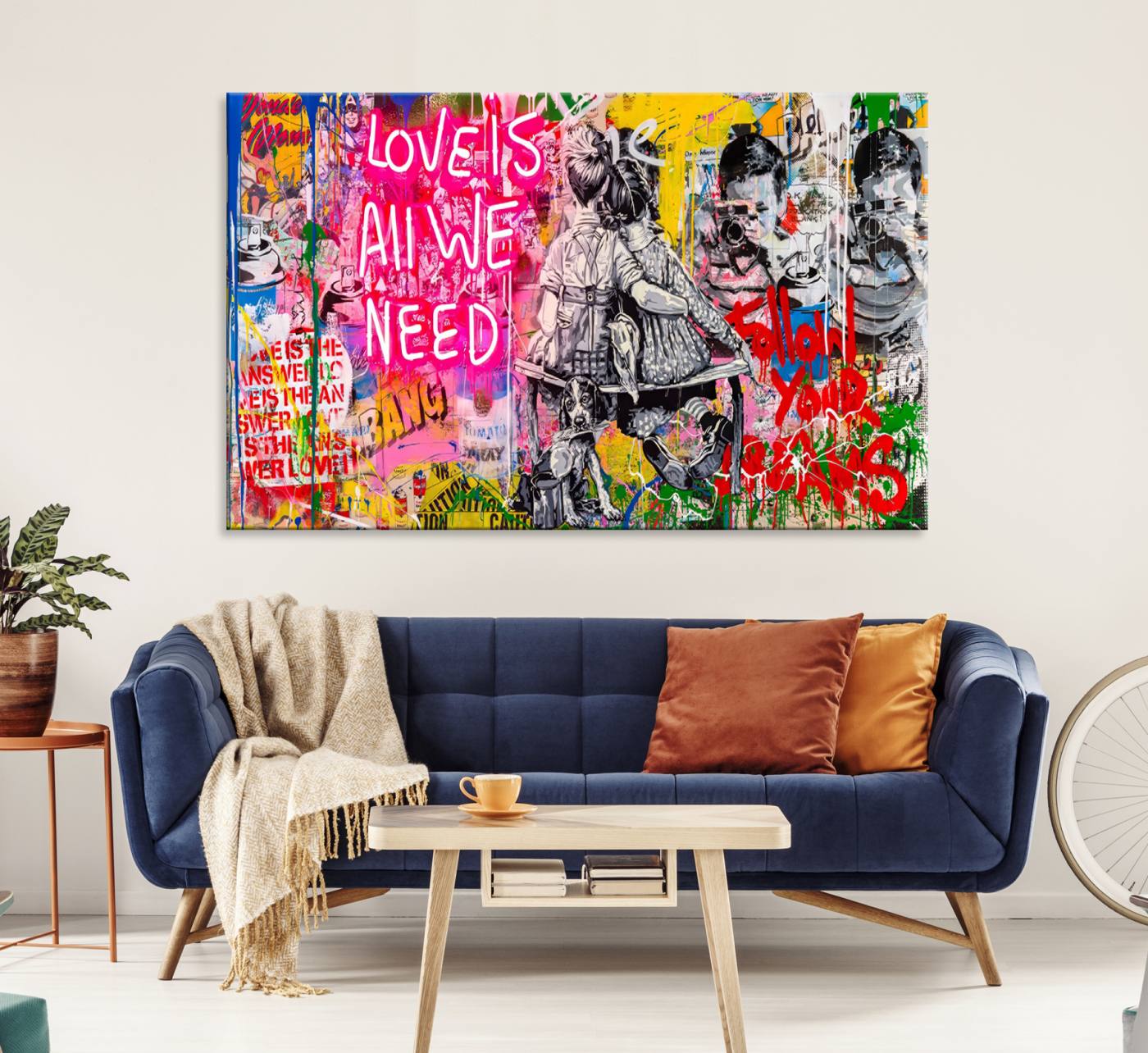 67019-MGV-CV-36X24-Follow Your Dreams & Love is All We Need Graffiti Street Art Triptych | Colorful Urban Wall Art