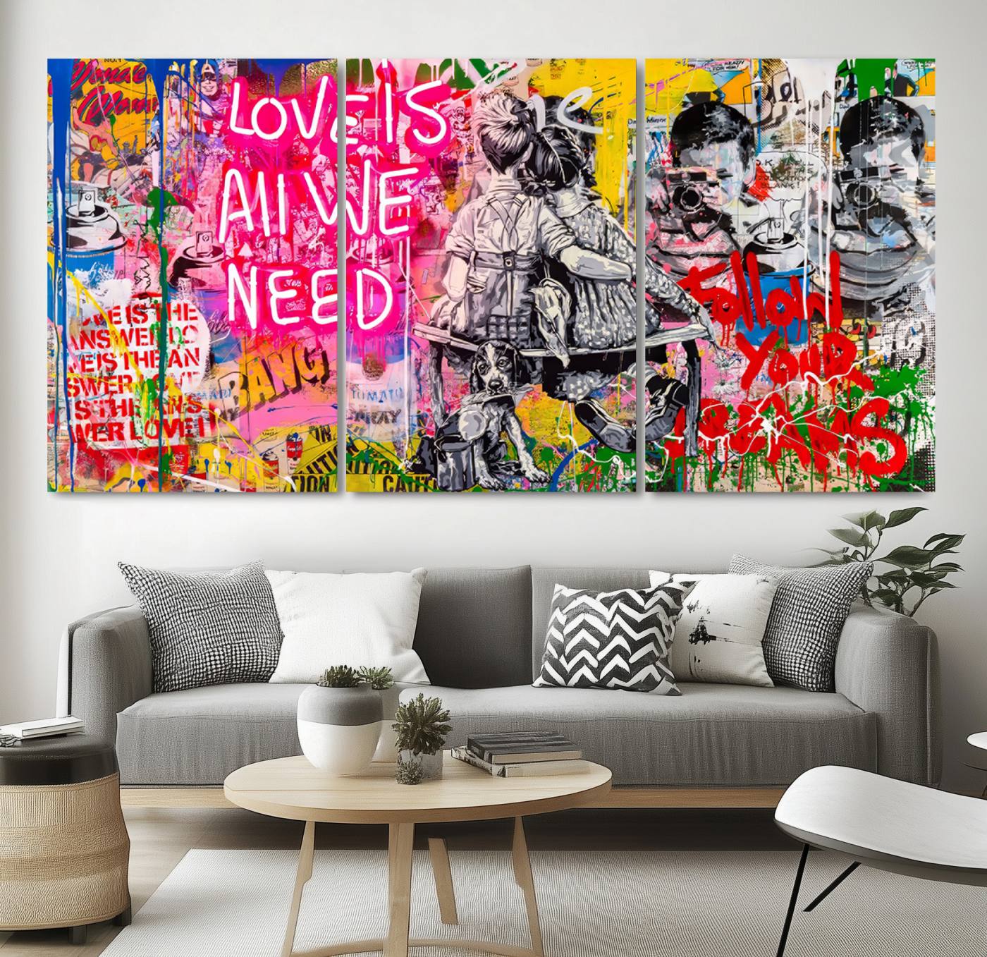67019-MGV-CV-36X24-Follow Your Dreams & Love is All We Need Graffiti Street Art Triptych | Colorful Urban Wall Art