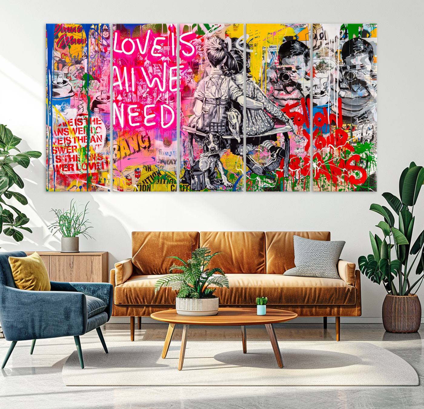 67019-MGV-CV-36X24-Follow Your Dreams & Love is All We Need Graffiti Street Art Triptych | Colorful Urban Wall Art
