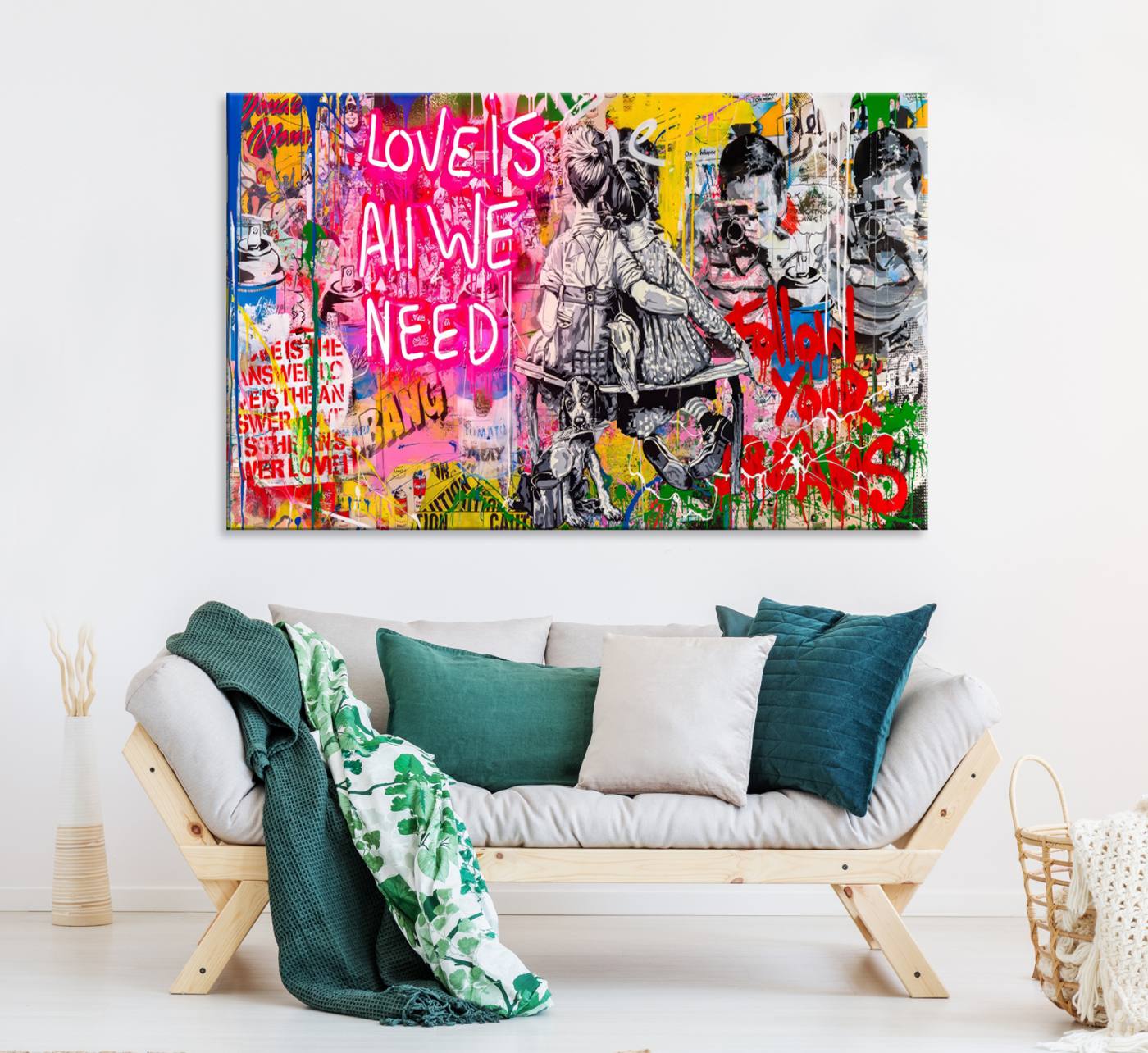 67019-MGV-CV-36X24-Follow Your Dreams & Love is All We Need Graffiti Street Art Triptych | Colorful Urban Wall Art