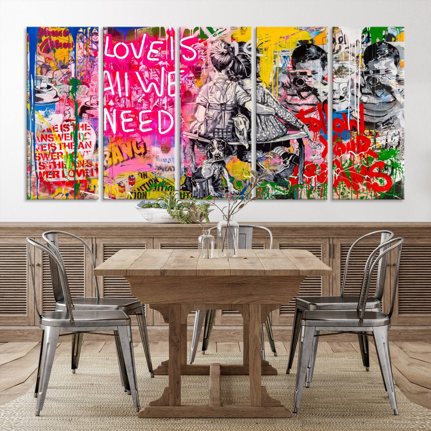 67019-MGV-CV-36X24-Follow Your Dreams & Love is All We Need Graffiti Street Art Triptych | Colorful Urban Wall Art