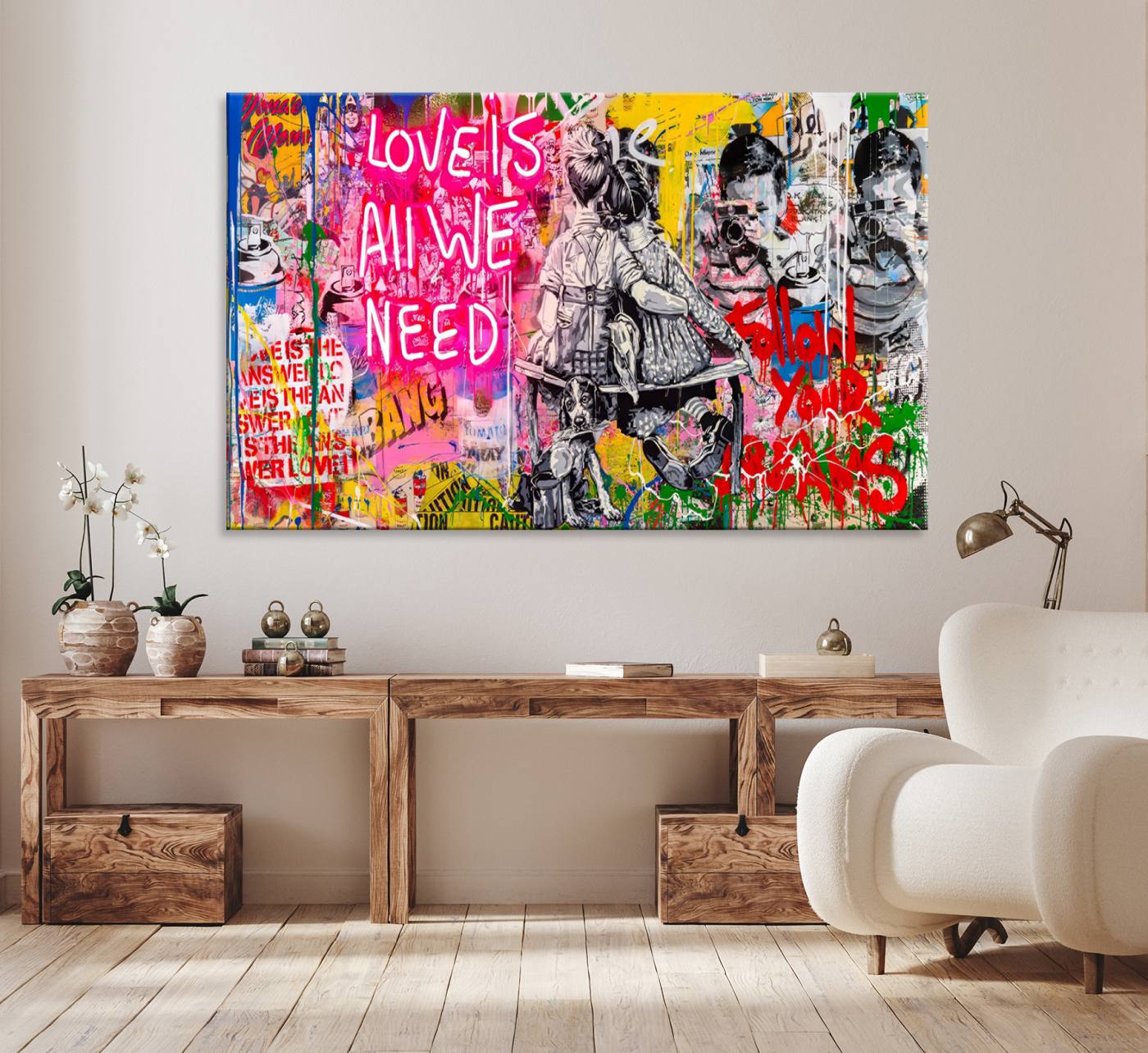 67019-MGV-CV-36X24-Follow Your Dreams & Love is All We Need Graffiti Street Art Triptych | Colorful Urban Wall Art