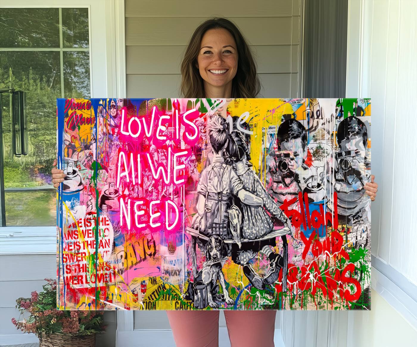 67019-MGV-CV-36X24-Follow Your Dreams & Love is All We Need Graffiti Street Art Triptych | Colorful Urban Wall Art