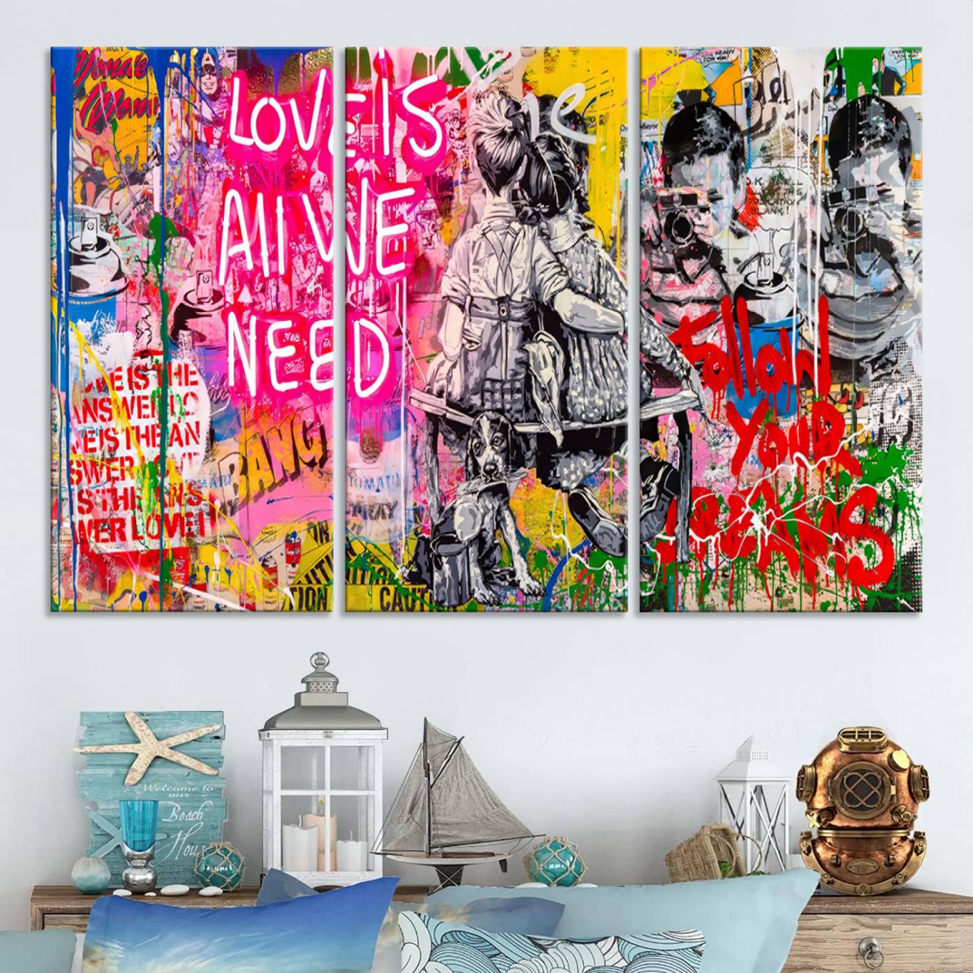 Follow Your Dreams & Love is All We Need Graffiti Street Art Triptych | Colorful Urban Wall Art