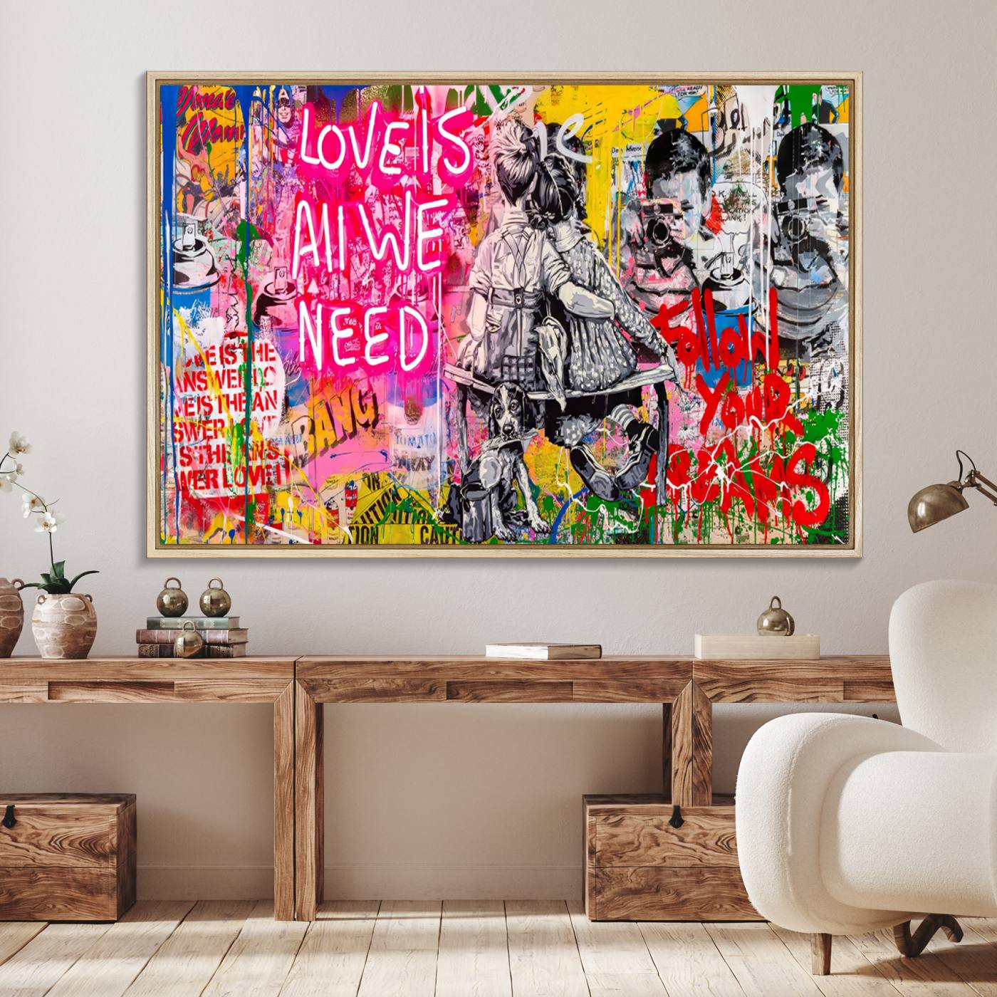 67019-MGV-FC-36X24_Natural-Follow Your Dreams & Love is All We Need Graffiti Street Art Triptych | Colorful Urban Wall Art