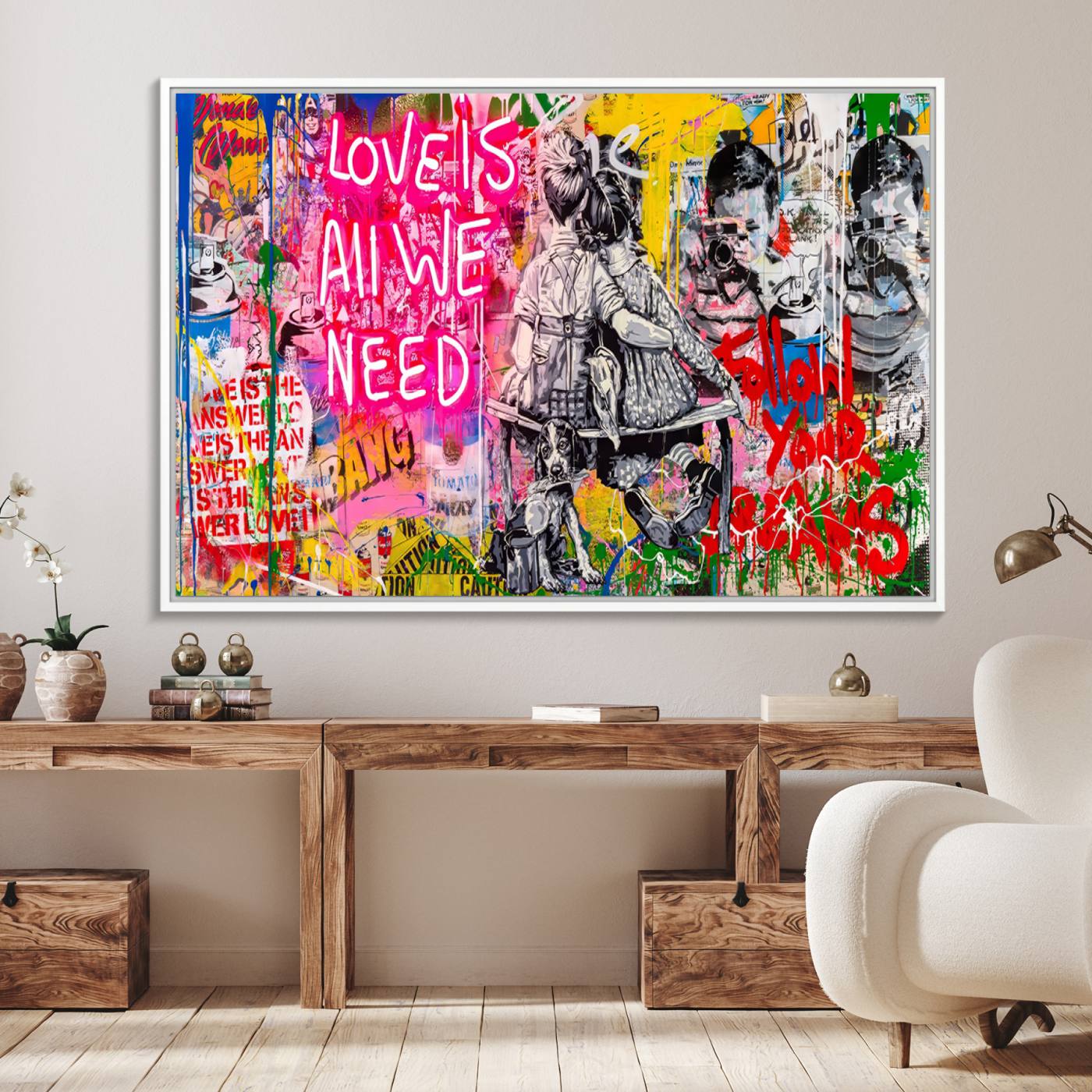 67019-MGV-FC-36X24_White-Follow Your Dreams & Love is All We Need Graffiti Street Art Triptych | Colorful Urban Wall Art