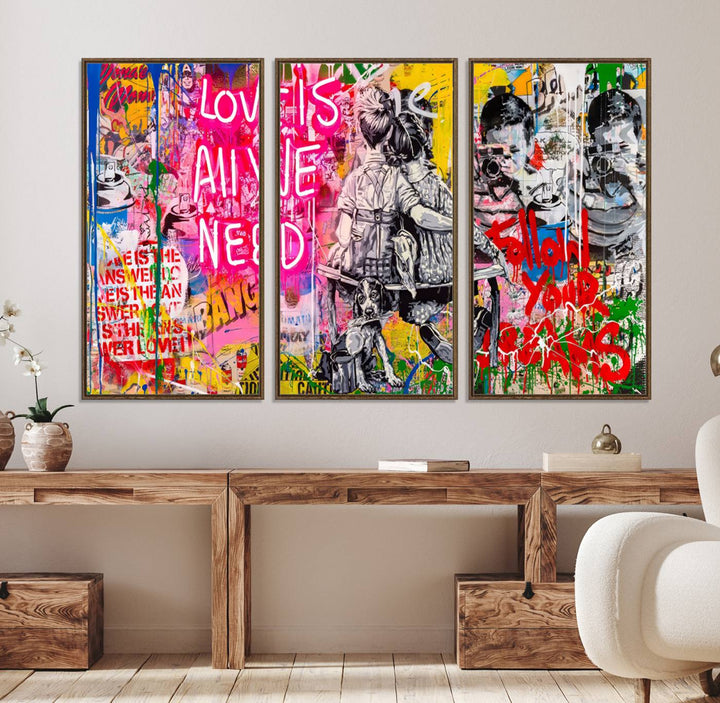 67019-MGV-FC-48X32-3P_Walnut-Follow Your Dreams & Love is All We Need Graffiti Street Art Triptych | Colorful Urban Wall Art