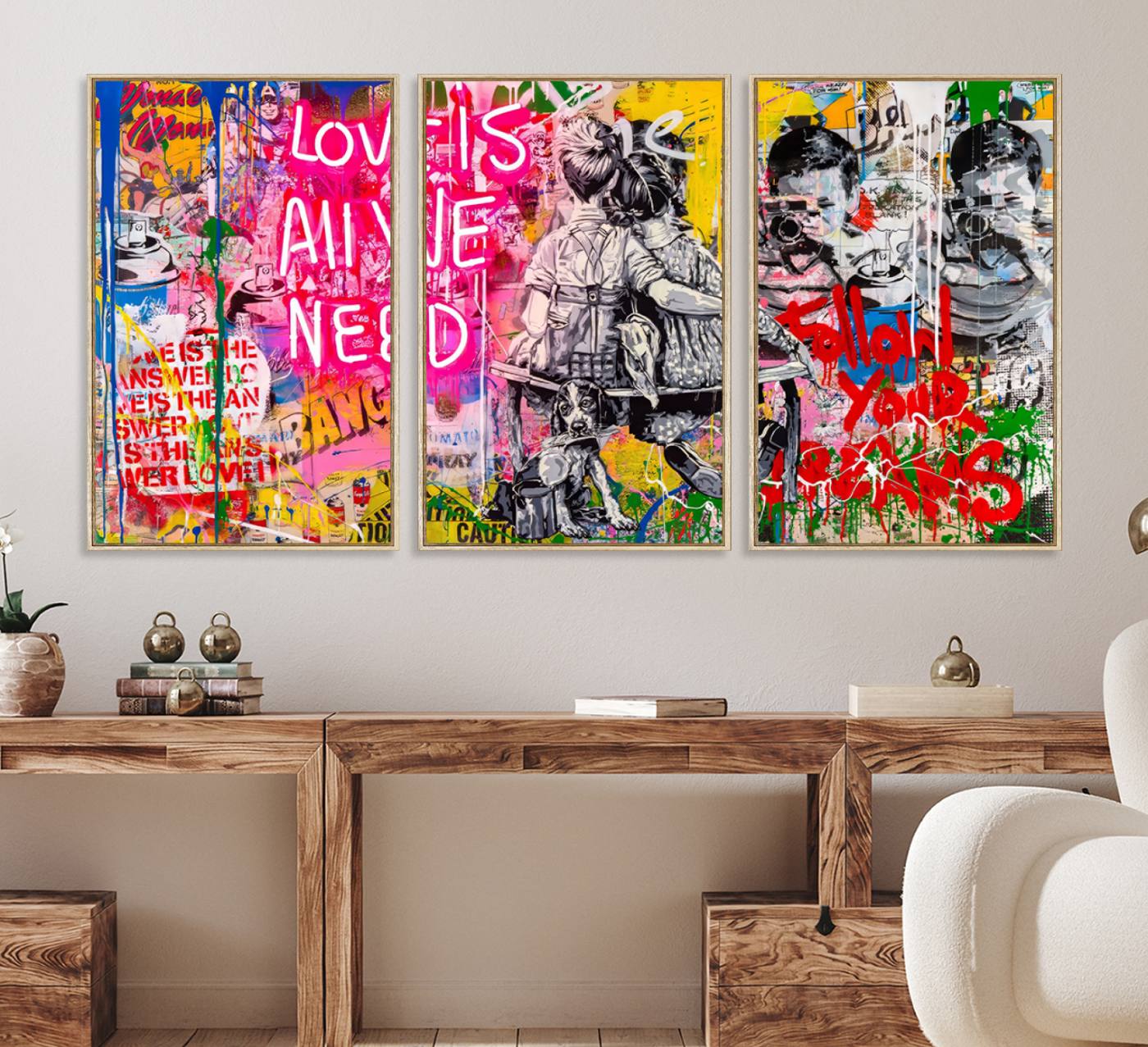 67019-MGV-FC-60X30-3P_Natural-Follow Your Dreams & Love is All We Need Graffiti Street Art Triptych | Colorful Urban Wall Art
