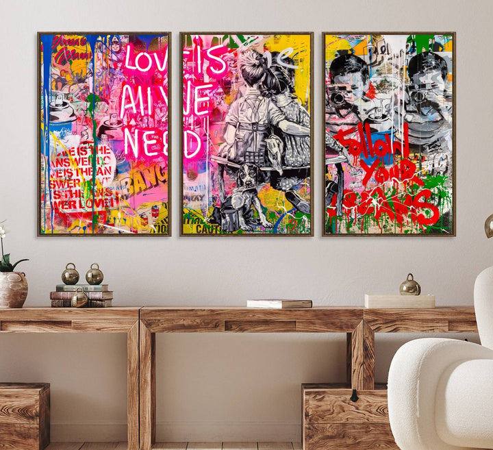 67019-MGV-FC-60X30-3P_Walnut-Follow Your Dreams & Love is All We Need Graffiti Street Art Triptych | Colorful Urban Wall Art