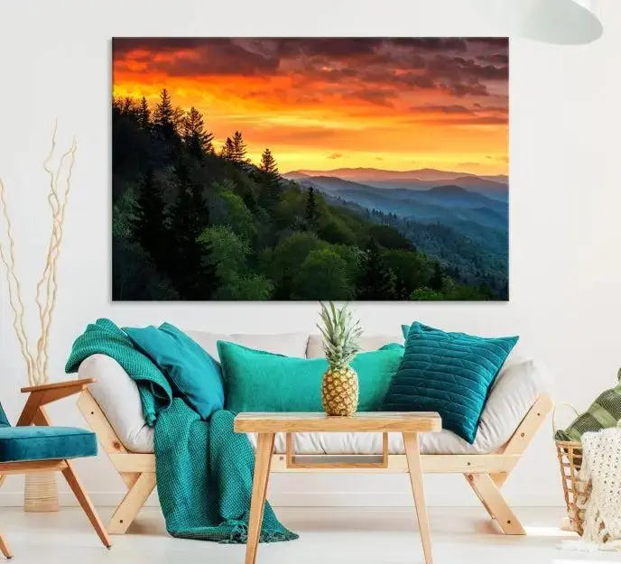 Forest Landscape Wall Art Sunset Canvas Print featuring a vivid sunset over a mountain range on museum-quality canvas with UV-protective coating.