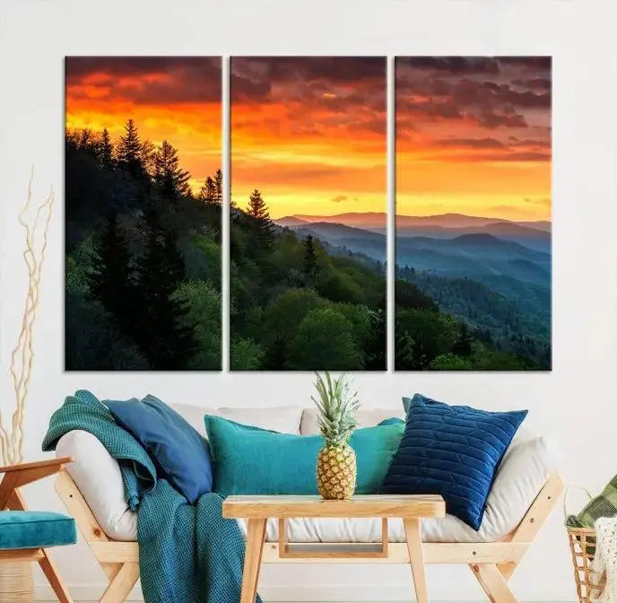 Forest Landscape Wall Art Sunset Canvas Print featuring a vivid sunset over a mountain range on museum-quality canvas with UV-protective coating.