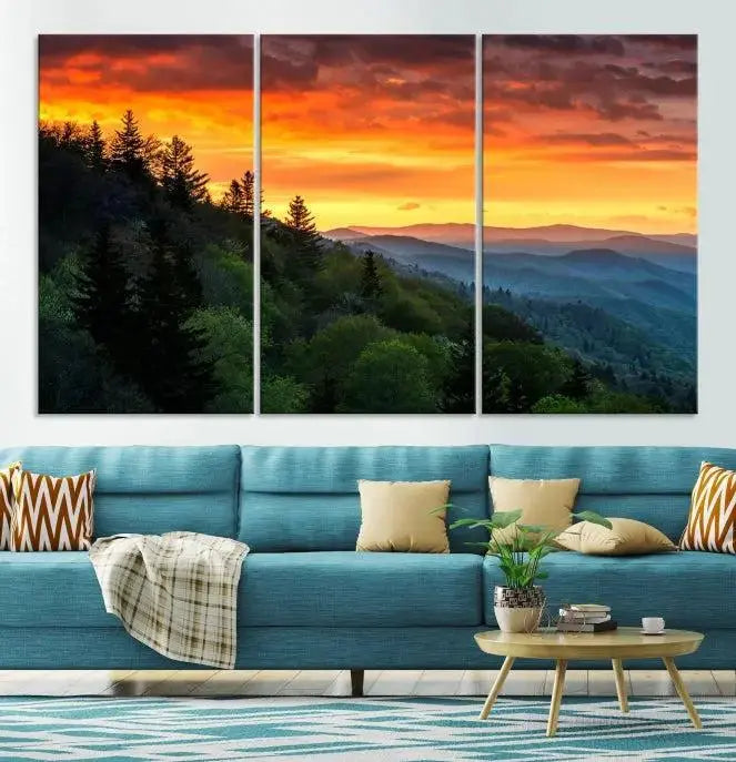 Forest Landscape Wall Art Sunset Canvas Print featuring a vivid sunset over a mountain range on museum-quality canvas with UV-protective coating.