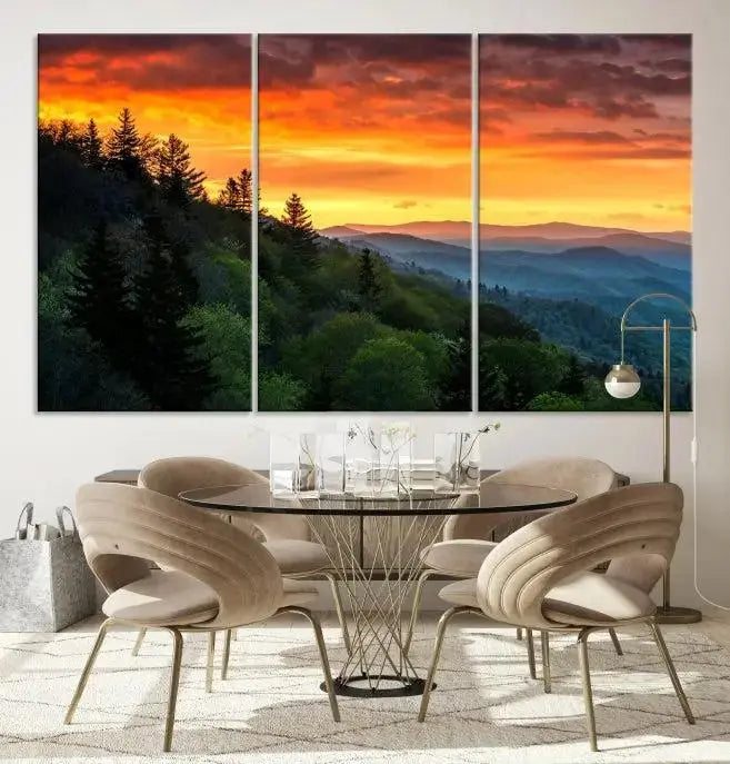 Forest Landscape Wall Art Sunset Canvas Print featuring a vivid sunset over a mountain range on museum-quality canvas with UV-protective coating.