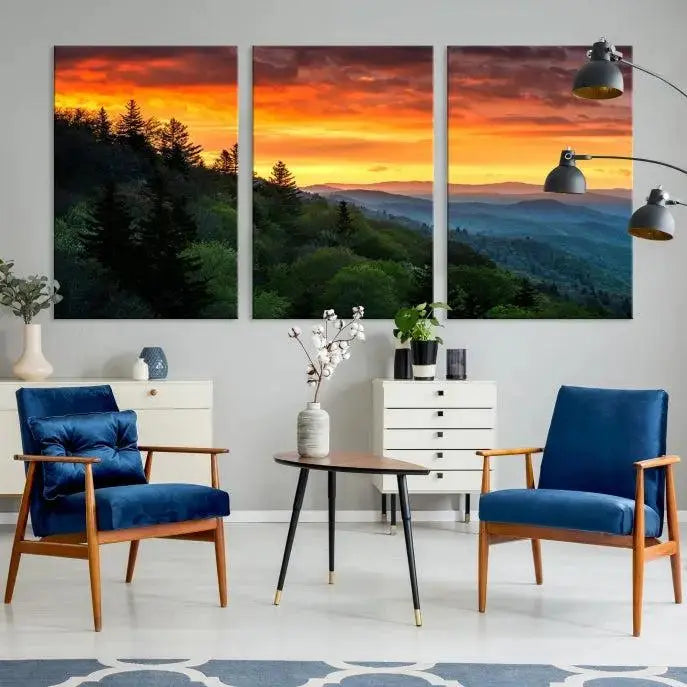 Forest Landscape Wall Art Sunset Canvas Print featuring a vivid sunset over a mountain range on museum-quality canvas with UV-protective coating.