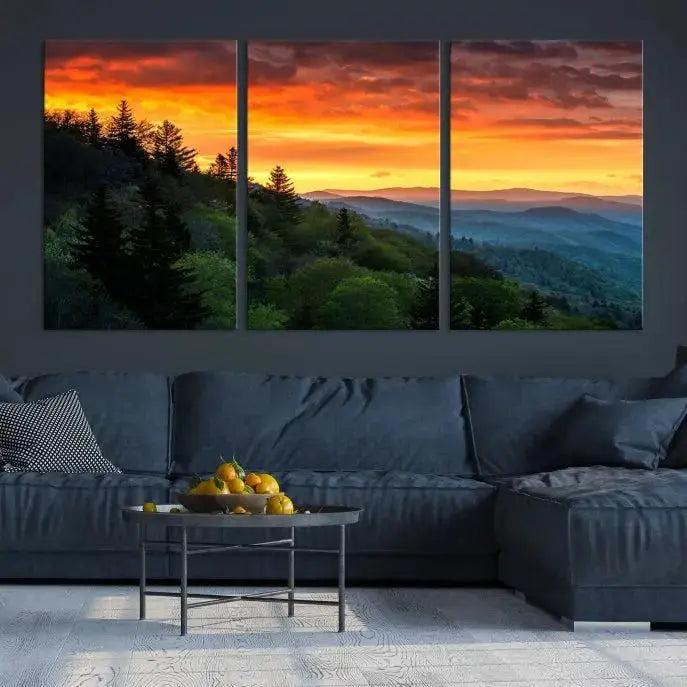 Forest Landscape Wall Art Sunset Canvas Print featuring a vivid sunset over a mountain range on museum-quality canvas with UV-protective coating.