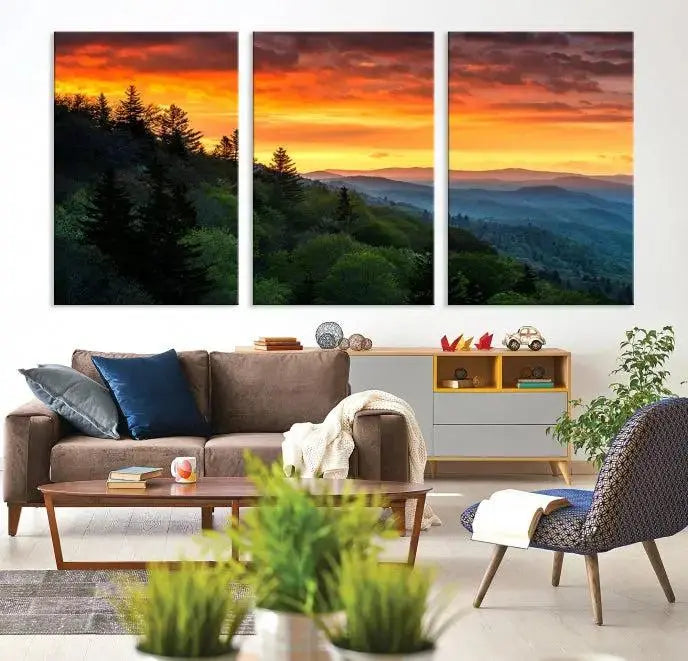 Forest Landscape Wall Art Sunset Canvas Print featuring a vivid sunset over a mountain range on museum-quality canvas with UV-protective coating.