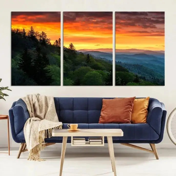 Forest Landscape Wall Art Sunset Canvas Print featuring a vivid sunset over a mountain range on museum-quality canvas with UV-protective coating.