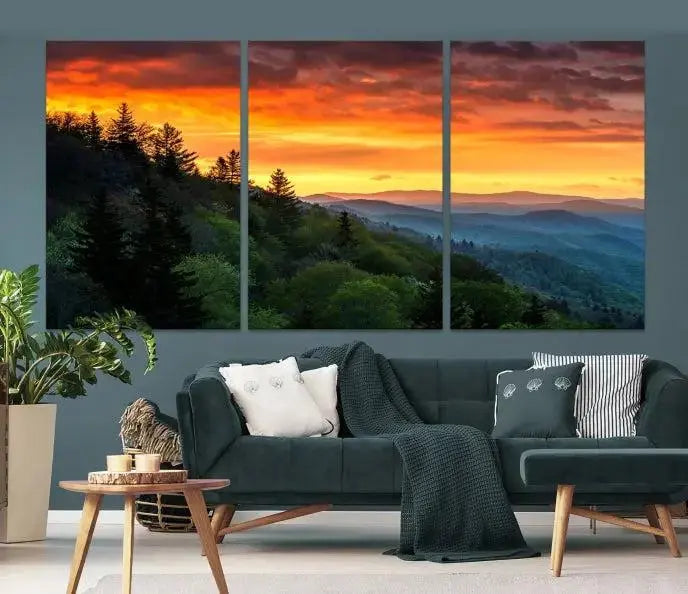 Forest Landscape Wall Art Sunset Canvas Print featuring a vivid sunset over a mountain range on museum-quality canvas with UV-protective coating.