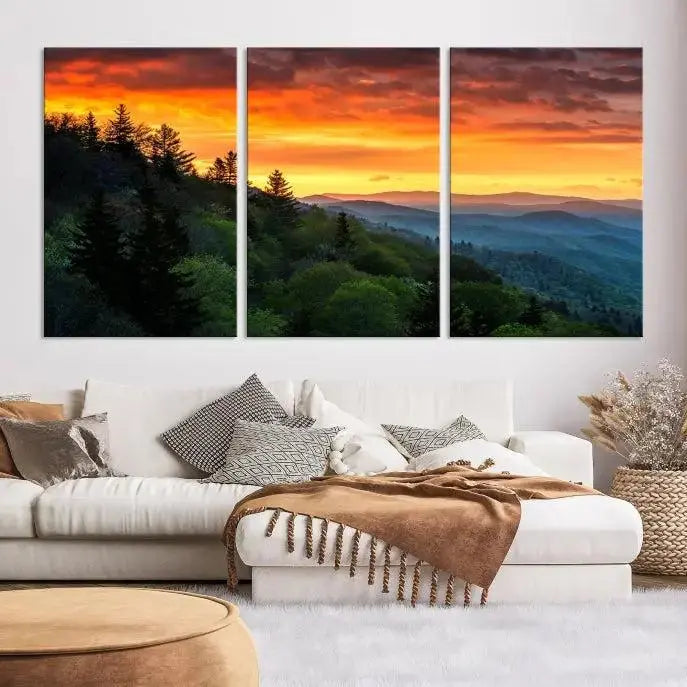 Forest Landscape Wall Art Sunset Canvas Print featuring a vivid sunset over a mountain range on museum-quality canvas with UV-protective coating.