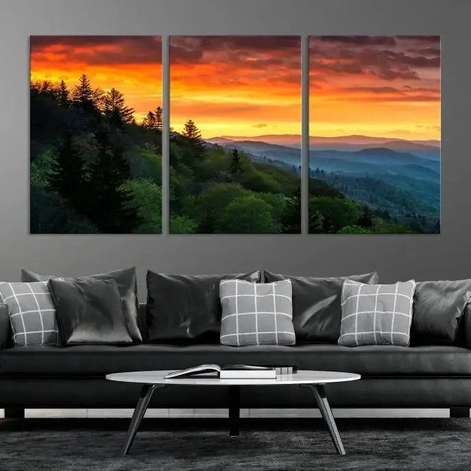 Forest Landscape Wall Art Sunset Canvas Print featuring a vivid sunset over a mountain range on museum-quality canvas with UV-protective coating.