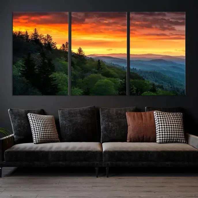 Forest Landscape Wall Art Sunset Canvas Print featuring a vivid sunset over a mountain range on museum-quality canvas with UV-protective coating.