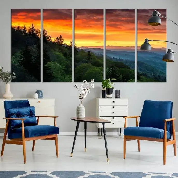 Forest Landscape Wall Art Sunset Canvas Print featuring a vivid sunset over a mountain range on museum-quality canvas with UV-protective coating.