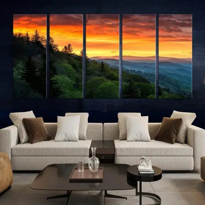 Forest Landscape Wall Art Sunset Canvas Print featuring a vivid sunset over a mountain range on museum-quality canvas with UV-protective coating.