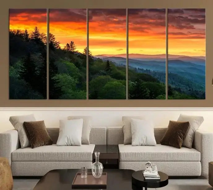 Forest Landscape Wall Art Sunset Canvas Print featuring a vivid sunset over a mountain range on museum-quality canvas with UV-protective coating.