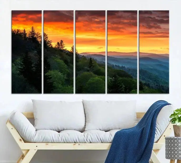 Forest Landscape Wall Art Sunset Canvas Print featuring a vivid sunset over a mountain range on museum-quality canvas with UV-protective coating.