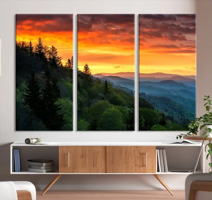 Forest Landscape Wall Art Sunset Canvas Print featuring a vivid sunset over a mountain range on museum-quality canvas with UV-protective coating.