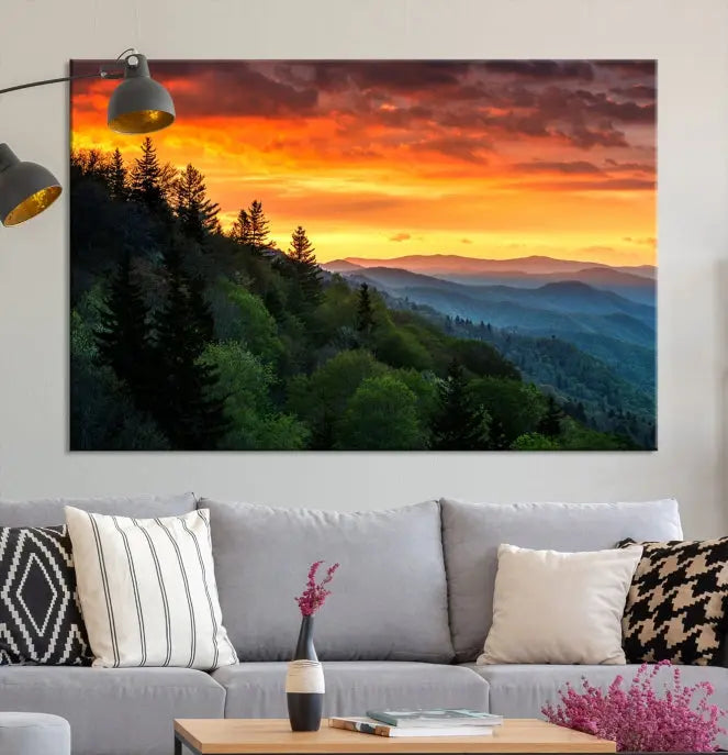 Forest Landscape Wall Art Sunset Canvas Print featuring a vivid sunset over a mountain range on museum-quality canvas with UV-protective coating.