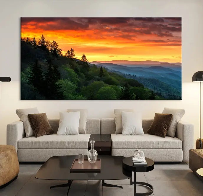 Forest Landscape Wall Art Sunset Canvas Print featuring a vivid sunset over a mountain range on museum-quality canvas with UV-protective coating.