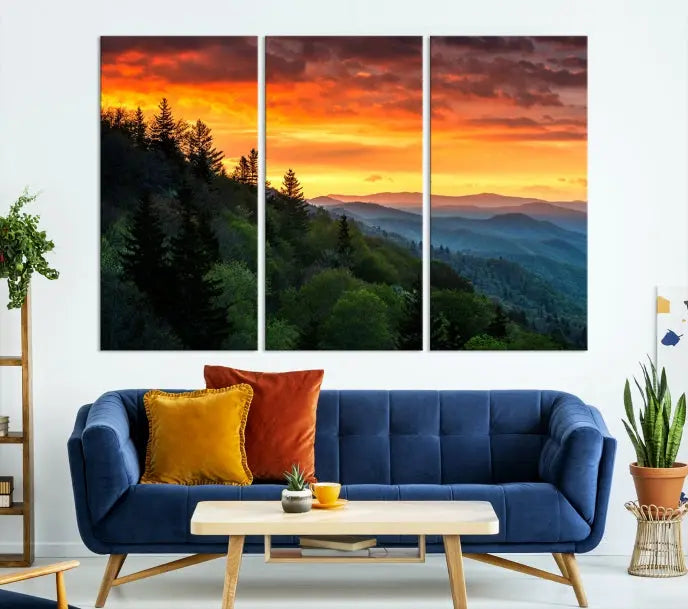 Forest Landscape Wall Art Sunset Canvas Print featuring a vivid sunset over a mountain range on museum-quality canvas with UV-protective coating.