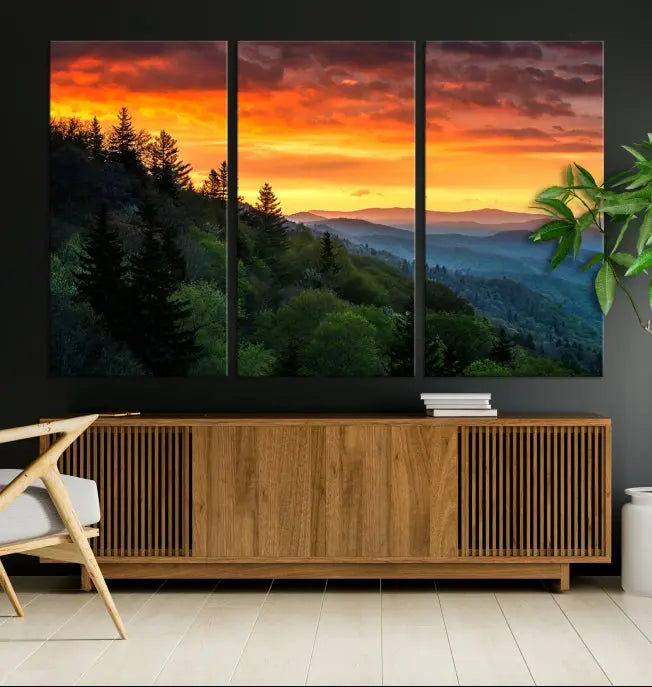 Forest Landscape Wall Art Sunset Canvas Print featuring a vivid sunset over a mountain range on museum-quality canvas with UV-protective coating.