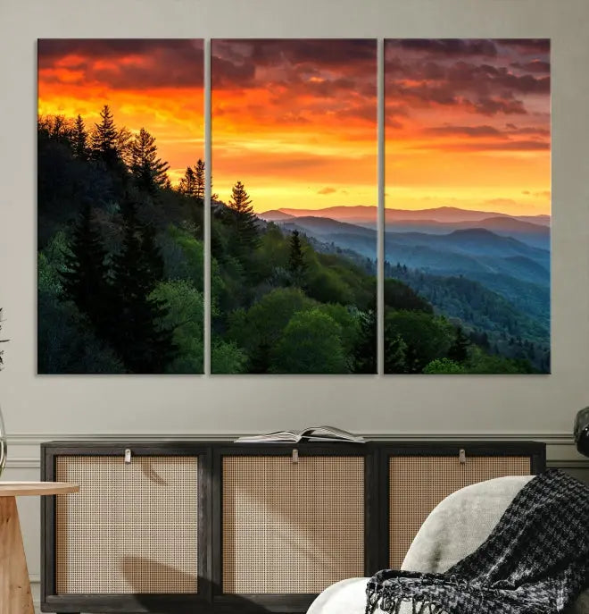 Forest Landscape Wall Art Sunset Canvas Print featuring a vivid sunset over a mountain range on museum-quality canvas with UV-protective coating.