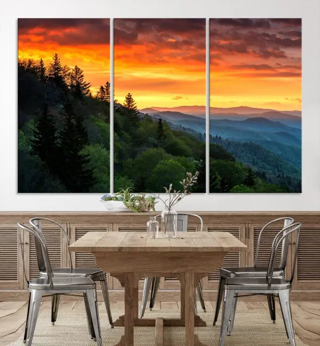 Forest Landscape Wall Art Sunset Canvas Print featuring a vivid sunset over a mountain range on museum-quality canvas with UV-protective coating.