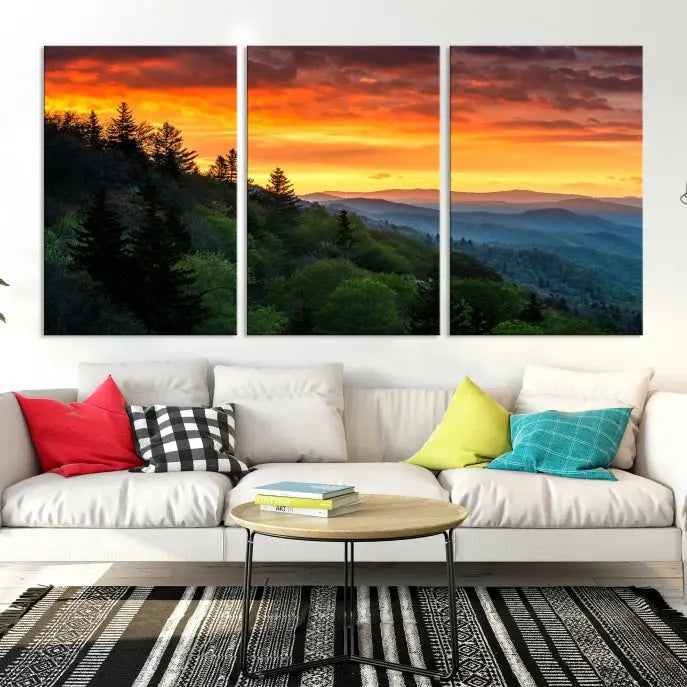 Forest Landscape Wall Art Sunset Canvas Print featuring a vivid sunset over a mountain range on museum-quality canvas with UV-protective coating.