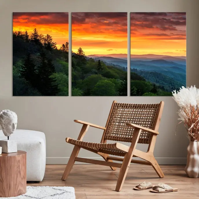 Forest Landscape Wall Art Sunset Canvas Print featuring a vivid sunset over a mountain range on museum-quality canvas with UV-protective coating.