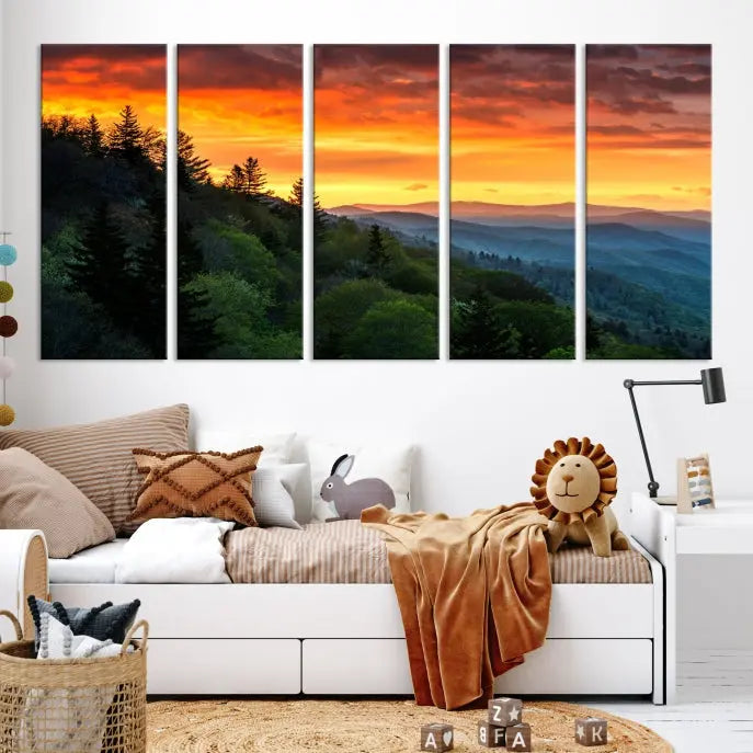 Forest Landscape Wall Art Sunset Canvas Print featuring a vivid sunset over a mountain range on museum-quality canvas with UV-protective coating.