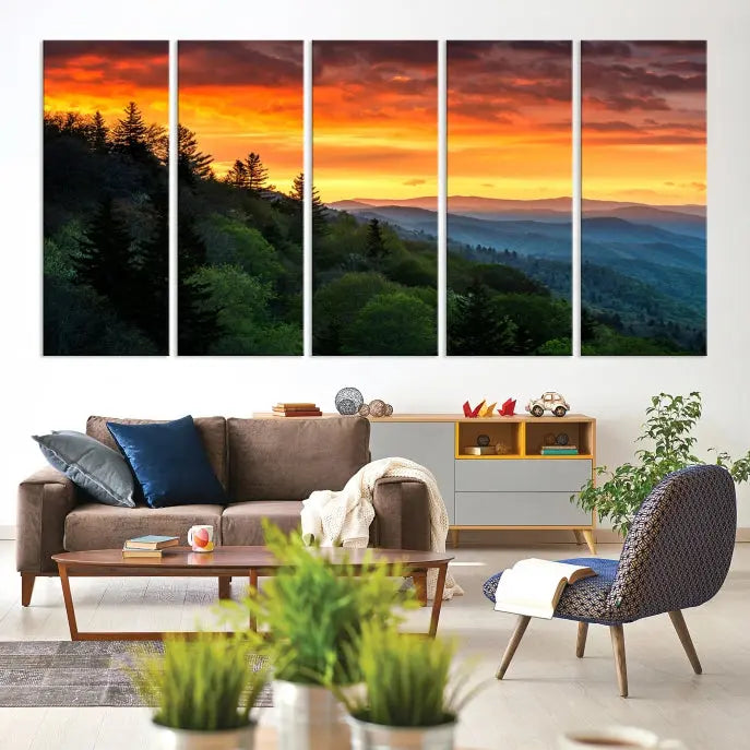 Forest Landscape Wall Art Sunset Canvas Print featuring a vivid sunset over a mountain range on museum-quality canvas with UV-protective coating.