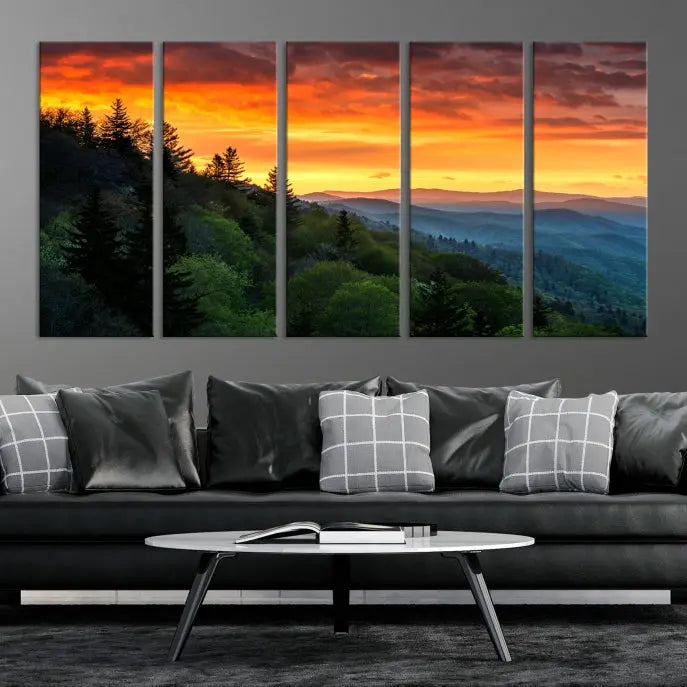 Forest Landscape Wall Art Sunset Canvas Print featuring a vivid sunset over a mountain range on museum-quality canvas with UV-protective coating.