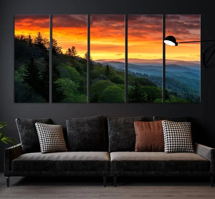 Forest Landscape Wall Art Sunset Canvas Print featuring a vivid sunset over a mountain range on museum-quality canvas with UV-protective coating.