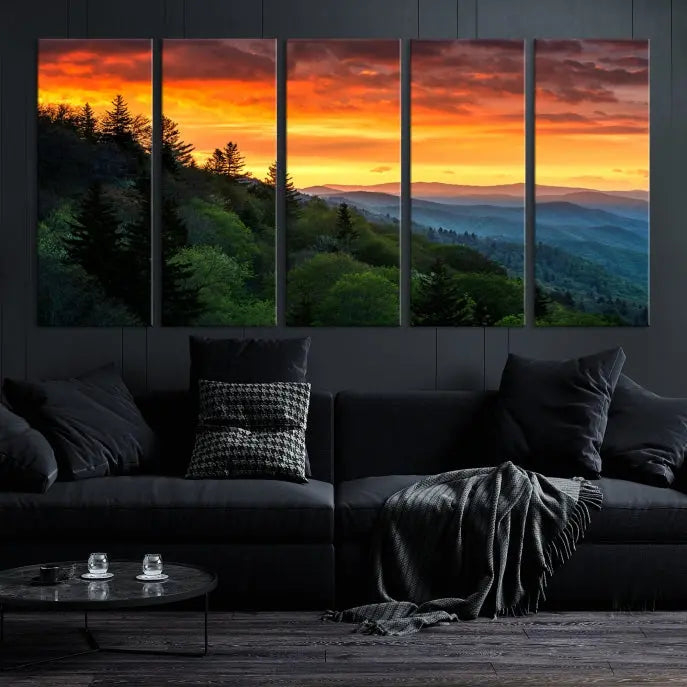 Forest Landscape Wall Art Sunset Canvas Print featuring a vivid sunset over a mountain range on museum-quality canvas with UV-protective coating.