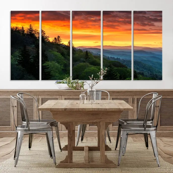 Forest Landscape Wall Art Sunset Canvas Print featuring a vivid sunset over a mountain range on museum-quality canvas with UV-protective coating.