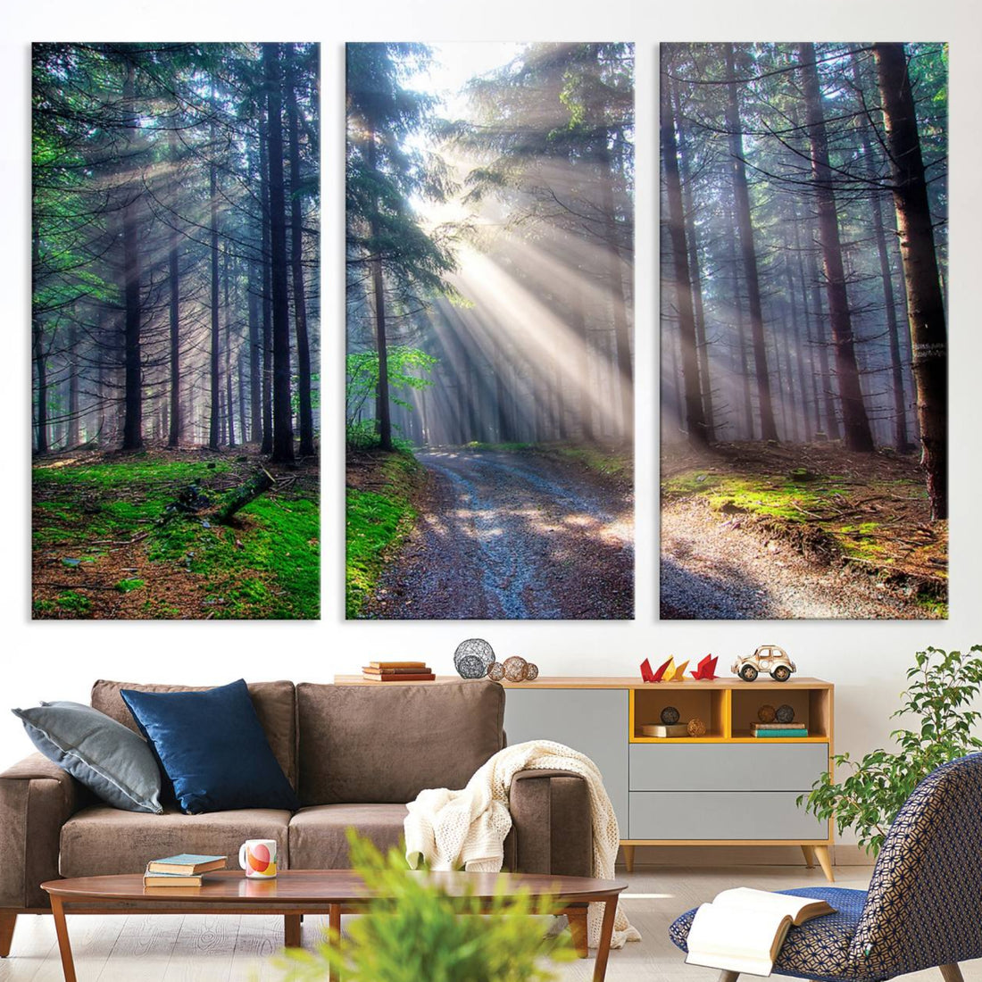 Forest Path Canvas Wall Art | 3 Panel Sun Rays in a Misty Forest