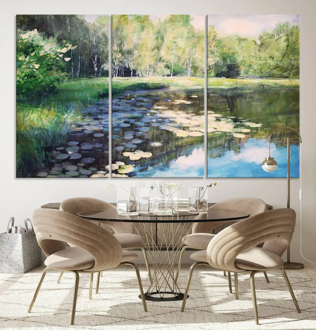 The "Forest Pond River Lake Wall Art Canvas Print" showcases a serene lakeside landscape with trees and water lilies. Crafted on museum-quality canvases and enhanced with UV-protective coating, this piece serves as an elegant addition to any space.