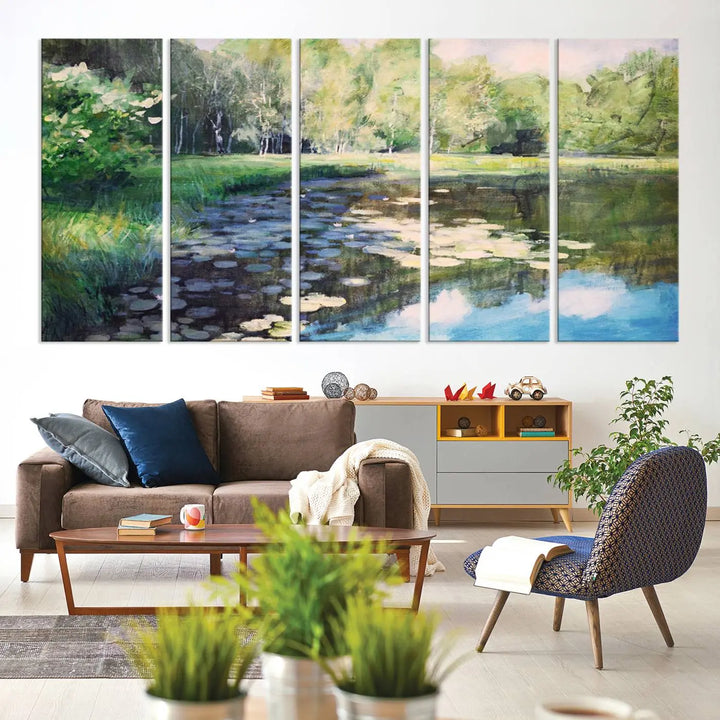 The "Forest Pond River Lake Wall Art Canvas Print" showcases a serene lakeside landscape with trees and water lilies. Crafted on museum-quality canvases and enhanced with UV-protective coating, this piece serves as an elegant addition to any space.