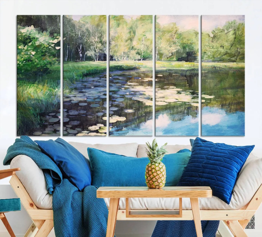 The "Forest Pond River Lake Wall Art Canvas Print" showcases a serene lakeside landscape with trees and water lilies. Crafted on museum-quality canvases and enhanced with UV-protective coating, this piece serves as an elegant addition to any space.