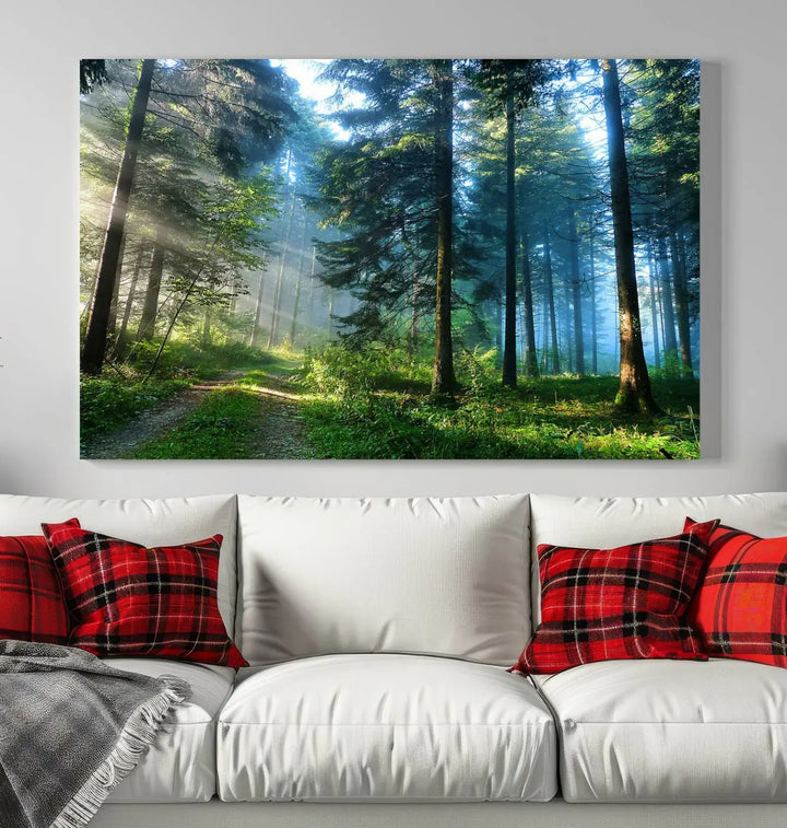 The Forest Sun Shine Wall Art Canvas Print adorns the wall, its gallery-wrapped design adding elegance.