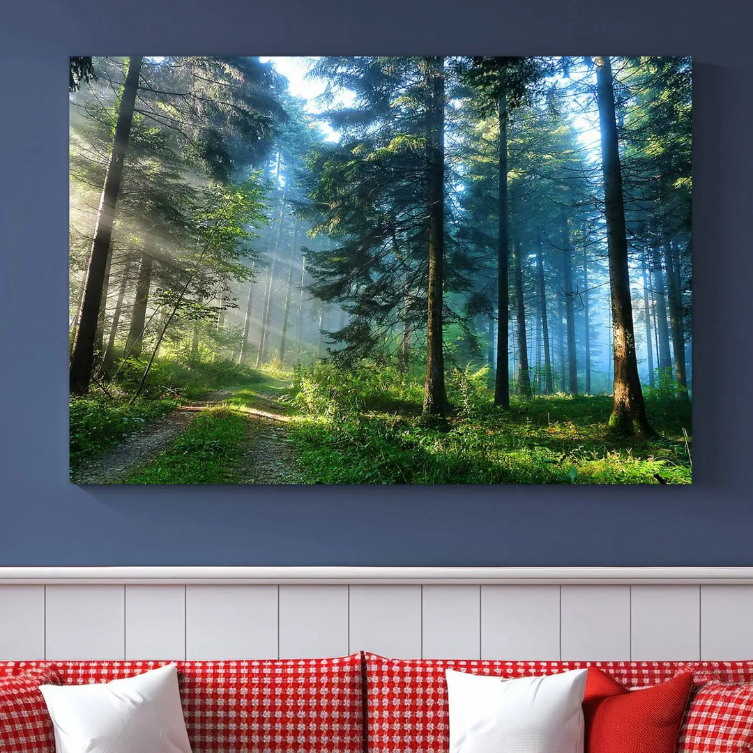 The Forest Sun Shine Wall Art Canvas Print adorns the wall, its gallery-wrapped design adding elegance.